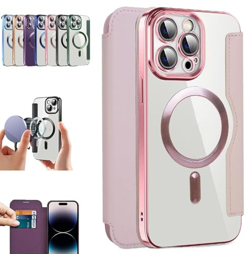 OSEVIO Transmitg Luxury Leather Flip Magnetic Phone Case with Card Holder, Transmitg Magnetic Leather Wallet Card Flip Transparent Case For iPhone 15 14 13 12 11 Pro Max (For Iphone 15 Plus,Pink)