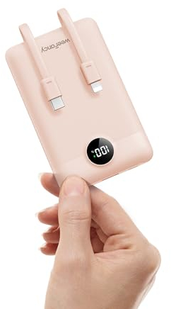 Batterie Externe 10000mAh, WeeFancy Power Bank Charge Rapide PD 22.5W avec Câbles Intégrés USB C Sortie, Mince Légère Portable Chargeur Affichage LED, Universel Compatible iPhone/Samsung (Rose)