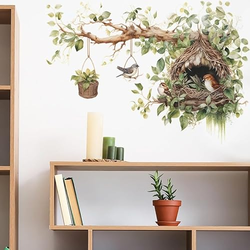 COVPAW Wandtattoo Vogel Nest Wandaufkleber Selbstklebend Ast Grün Blätter Blumenkorb Natur Schmetterlinge Wandsticker Wanddeko Kinderzimmer Babyzimmer Wohnzimmer Schlafzimmer (WVOGELNEST)
