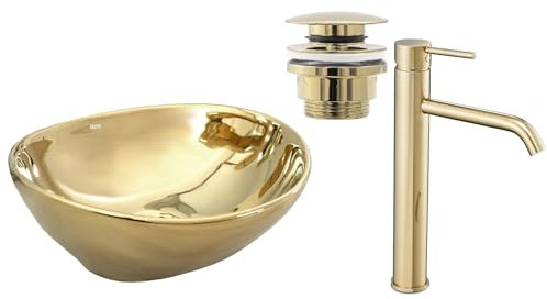 GTM Design Aufsatzwaschbecken Glanz Set mit Waschtischbatterie und Stopfen - Aufsatzwaschbecken Oval für Badezimmer - Modern Waschbecken ohne Hahnloch - Waschbecken mit Armature - Modell 6