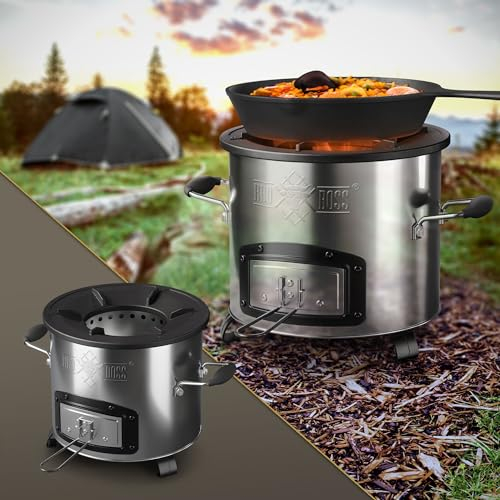 BBQ#BOSS Rocket Stove Cocina de Camping de Acero Inoxidable Plata Horno Holandés de Carbón o Leña con Placa de Hierro Fundido para Asar a la Parrilla Estufa de Acampada Ideal para Aire Libre