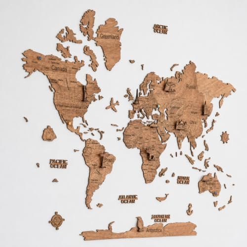 Creatifwood Hölzerne Weltkarte 2D für die Wand – Weltkarte Holz Wanddeko – Geschenk für Reisende (Dark, 150 x 105 cm)