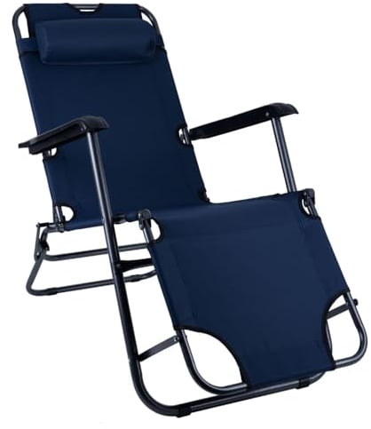 etc-shop Klappstuhl Gartenstuhl mit Kopfkissen Strandstuhl Sonnenliege Hochlehner Campingstuhl Liegestuhl klappbar, Metall Textil blau schwarz, max. 100kg, L 153 cm