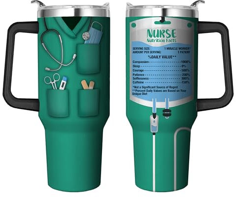 Wuepncah 40 Oz Nurse Tumbler With Handle and Straw - Double Wall Insulated Travel Mug, Leak Proof Stainless Steel Cup for Coffee - Reusable Gifts for Nurses
