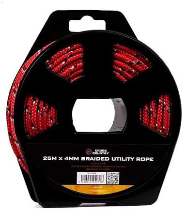 CROSS COUNTRY 4mm Braided Utility Rope 25m – Braided Polypropylene Cord on Reel, for Camping, DIY, Outdoor, Household & Garden Use (Red)