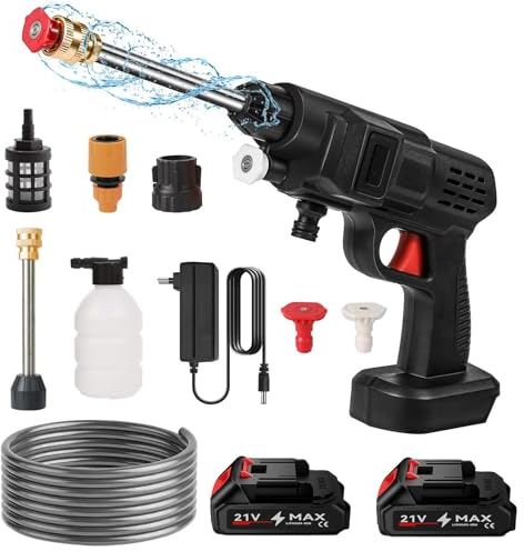 Nettoyeur Haute Pression sans Fil, 21 V 20 Bar Portable Nettoyeur Haute Pression sur Batterie, Buse Réglable Multifonction, avec 2 Batteries, Tuyau de 5M, pour Jardin et Voiture