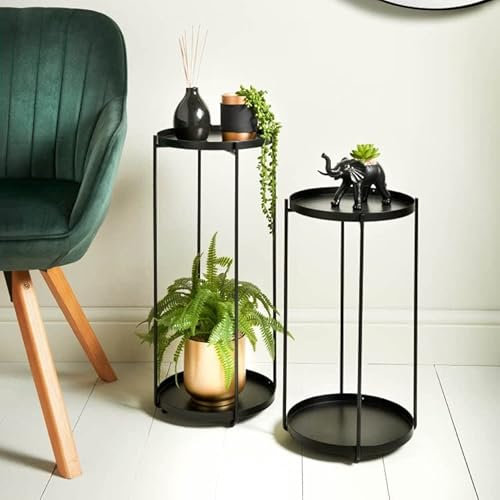 FAHAAM Decorative 2 Tier Black Metal Side Tables, Set of 2 Tables Removable Tray Top, Nesting Tables, Bedside Tables, Round Sofa Table, Foldable Round End Tables for Living Room, Bedroom, Home Office.