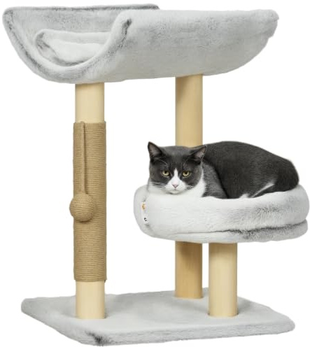 PawHut Abre à Chat avec Griffoir, Arbre à Chat, Hauteur 60 cm, Gris | Arbre à Grimper pour Chat, Tour de Jeux, 1 Niche Supérieure avec Coussin Lavable, 1 Niche Ronde, 1 Balle Suspendue