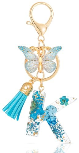 MWOOT Letter Keychain Initiale Schlüsselanhänger Buchstabe K,Alphabet Harz Blume Key Chain mit Schmetterling Quaste Anhänger Handtasche Geldbörse Charm,Blau Blütenblatt Keyring für Frauen (K)
