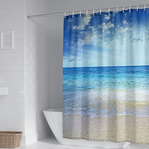 Whoiy Rideau Baignoire Anti Moisissure Tissu Polyester Moderne, Rideau de Douche Motif Mer et Plage Rideau Douche Lavable Paysage Naturel Bleu 240 x 200 cm