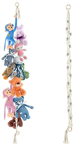 HENGBIRD Range Rangement Hamac de Rangement Suspendu de 2m pour Animaux, Avec 20 Pinces en Métal, Filet pour Animaux, Avec Anneau en Bois, Décoration D'Intérieur