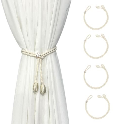 FOSDICK 4pcs Embrasses de Rideaux, Embrasse pour Rideaux Grandes Perles, Embrasse Rideau Coton Faite à la Main, Embrasses à Rideaux, Cravates de Rideau, Embrasse Rideaux (Beige)