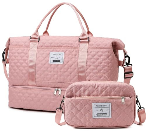 Outplea 55L Borsone Viaggio Grande, Borsa Sportivo con Scomparto per Scarpe, Borsa Parto Ospedale Mamma Leggero con Borsa da Toilette per Campeggio Yoga Nascita, Rosa