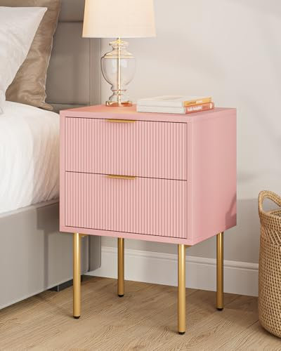 HEYZOEY Bedside Table, Small Bedside Tables with 2 Drawers, Wooden Nightstand with Gold Legs, Mid-Century Modern Bed Side End Table for Bedroom, Living Room, Pink