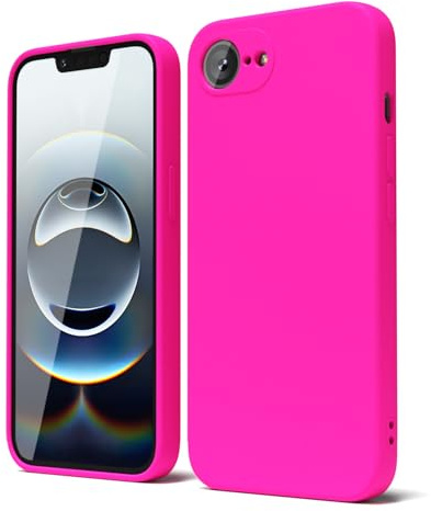 Oakxco for iPhone 17e 16e Phone Case Liquid Silicone, Cute Thin Slim Soft Rubber Gel for Women Men, Smooth Matte Plain Solid Bright Color Girly Simple Case with Camera Cover, Fluorescent Neon Hot Pink