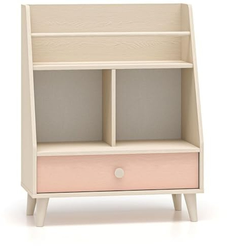Lomadox Kinderzimmer-Regal in Sandbeige mit rosa fühlbare Struktur, Schublade & offene Fächer Bücherregal Spielzeugregal