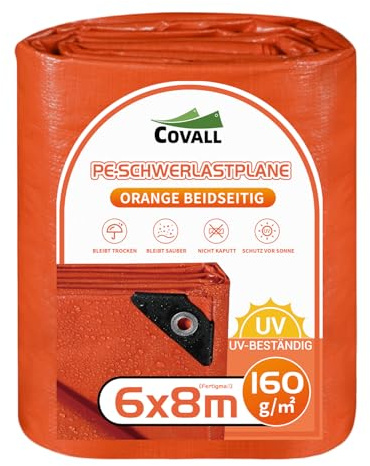 COVALL Plane 6x8m - Abdeckplane mit Ösen 160g/m², Orange Gewebeplane reißfest, wasserdicht, UV-Schutz - für LKW, Holz, Garten, Boot, Camping - Mehrzweck-Schutzplane