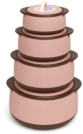 Insulated Casserole Hot Pot Set of 4 – 0.5L, 1.0L, 1.5L, 2.0L Thermal Food Warmers – Pink/Brown Insulated Serving Bowls with Lids – Keeps Food Hot or Cold – Ideal for Daily Use, Parties & Picnics