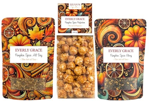 Everly Grace Pumpkin Spice - Juego de té orgánico suelto y palomitas de maíz crujientes en otoño, mezclas de otoño hechas a mano con canela, nuez moscada, clavo y calabaza, con té negro, té de