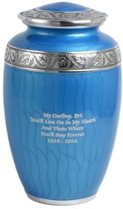 Cremation Urn for Human Ashes – Adult Large Decorative Aluminum Funeral Memorial Keepsake – Securely Holds approx. 90kg or 14 Stone Body (Personalised-Light Blue, Adult Size)