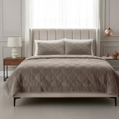 Sleeptime Bettdecke ohne Überzug - Teddy Premium - Taupe/Grau - Doppelbett - 240x200 - Superweich & Waschbar - Inklusive Kissenbezüge