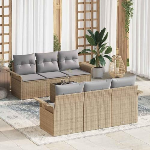 Ziaphsol Gartensofa-Set, 7-teilig, Beige Grau, Poly-Rattan, modular, wetterfest, mit Kissen, Glastisch, für Terrasse, Garten, Outdoor