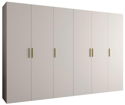 MEBLE KRYSPOL - Kleiderschrank - Garderobenschrank - 300 cm x 202 x 52 cm - Schrank mit Kleiderstange, 6 Türen - für Schlafzimmer, Flur - BARI, Kaschmir, Griff Gold