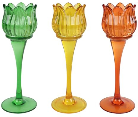 Macosa VM100714_x3 Teelichthalter Tulpe 3er Set 22 cm Glas Gelb, Grün und Orange Glaskerzenhalter modern Frühlingsdekoration Dekoration Frühling Dekoteelichthalter Kerzenhalter Tulpenform