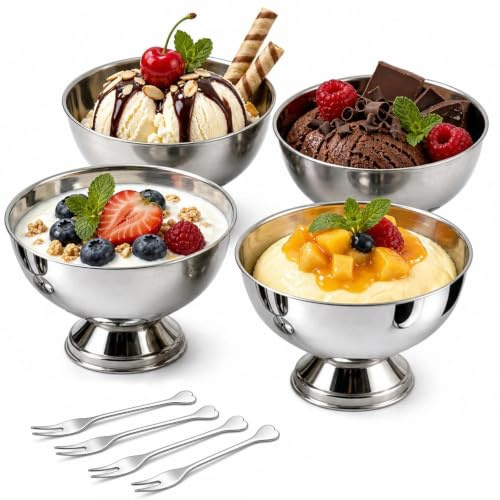 Lot 4 Coupe à Glace en Acier Ino, Bols Dessert avec Fourchettes (type 2) | Bicchieri per Gelato in Acciaio Inox, 200ml Ciotola per Dessert, Ciotole per Gelato, per Matrimoni, Feste, Ristoranti