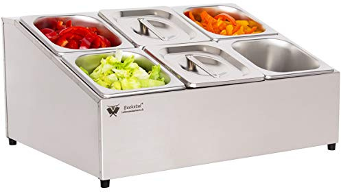 Beeketal 'BGN6-Duo' Edelstahl GN Aufsatzboard für 6 Gastronorm Behälter (zweireihig), Gastro Zutatenbehälter inkl. 6 Stück (GN) 1/6 Behälter mit Deckel, abgeschrägtes Gestell mit Anti-Rutsch Füßen