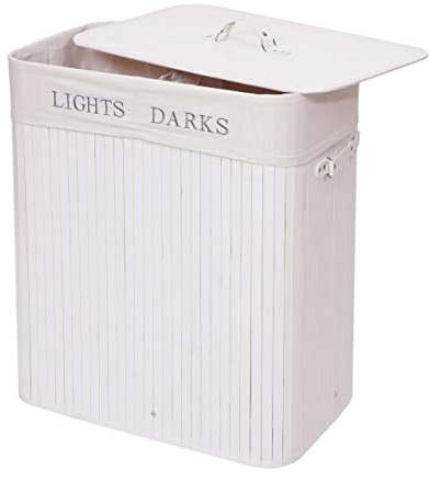 Wäschekorb HWC-C21, Laundry Wäschebox Wäschesammler Wäschebehälter, Bambus 2 Fächer 63x55x34cm 100l - weiß