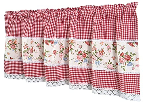 Dreamskull Scheibengardine Bistrogardine Landhaus Kurz Küche Modern Blickdicht Kurzstores Gardinen Kurzgardinen Küchengardine Stangendurchzug mit Blumen Spitze 150 cm Breit Kariert Kleinfenster