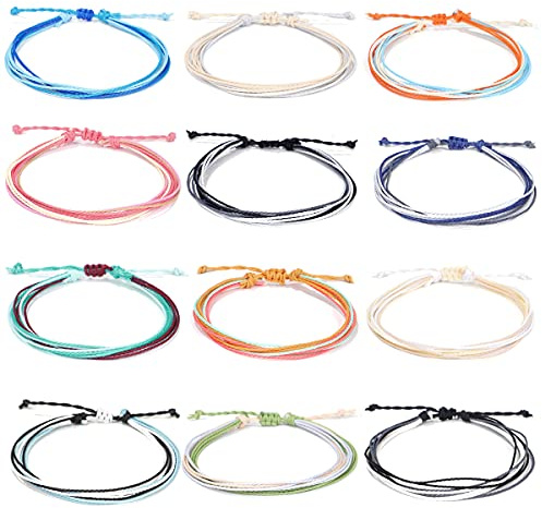 yfstyle 12Pcs Summer Beach Surfer Anklet Bracelets for Women Men Adjustable Handmade Waterproof Braided String Anklets Boho Woven Wave Ankle Bracelets Beach Jewelry