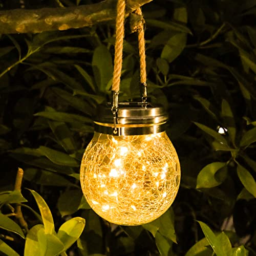 Hanging Solar Outdoor Lantern Lights, Waterproof Cracked Glass Round Ball Lights, Solar Garden Globe Warm White LED Light Outdoor Decor, Landscape Walkway Backyard Yard Patio Lawn Pathway Decoration
