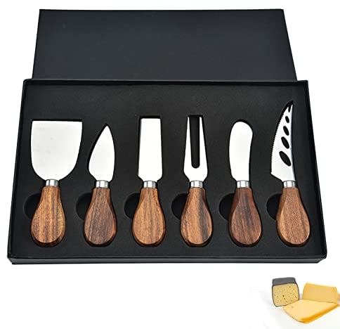 Lin's Wood Lot de 6 couteaux à fromage en acier inoxydable avec boîte cadeau.(manche en bois d'acacia)
