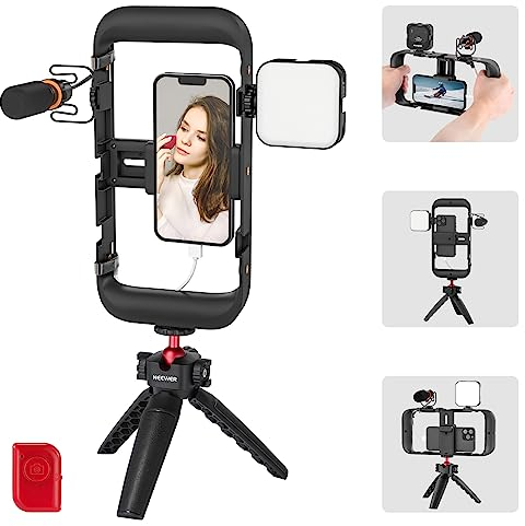 NEEWER Kit Stabilizzatore Video Telefono per Video Vlogging, Gabbia per Telefono, Luce Video LED, Mini Microfono CM14 PRO, Treppiede da Tavolo Compatibile con iPhone 15 Pro Max Samsung Huawei, PA004
