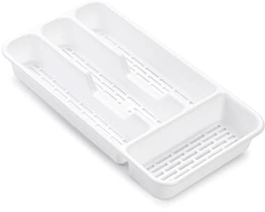 Cubertero para cajón con 4 o 5 compartimentos con agujeros LIBRE BPA, organizador cubiertos con compartimentos apto lavavajillas, separadores de cajones para cocina 32cm (4compartimentos, Blanco)