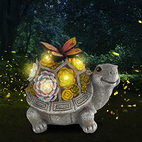 OKESYO Solar Gartenfiguren Schildkröte Gartendeko für Draußen mit Sukkulenten und Wetterfest LED Leuchten, Solar Garten Statue Home Balkon Dekoration, Geschenke für Frauen Männer Mama