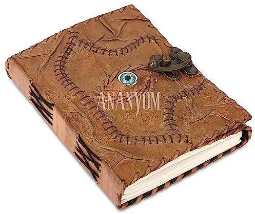 ANANYOM Handmade Leather Journal, Brown, Hocus Pocus Spell Eye Design, Genuine Leather Notebook Diary, Journal for Men & Women, Office Journal Handmade Unruled 200 Pages, Size 7 (L) x 5 (W) inches