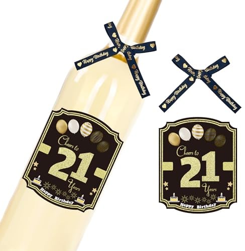 Sumerk 6 Pcs 21st Birthday Wine Bottle Labels and 6 Pcs Bows 21st Bow Birthday Stickers 21 Stickers Happy Birthday Gift Idea Decorations for Him Her