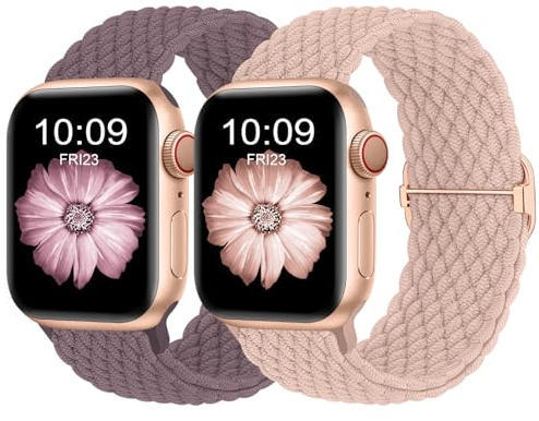 Finoriss Cinturino compatibile con Apple Watch 42 mm, 44 mm, 45 mm, 49 mm, intrecciato in nylon elastico per Apple Watch Series 9 SE 8 7 6 5 4 3, sabbia rosa/viola fumo