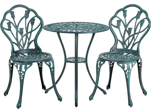 Abician Ensemble Table et 2 Chaises de Jardin en Aluminium Ensemble Bistrot de Jardin d’extérieur Bistrot Salon de Jardin Style Vintage et Élégant Trou pour Parasol Vert