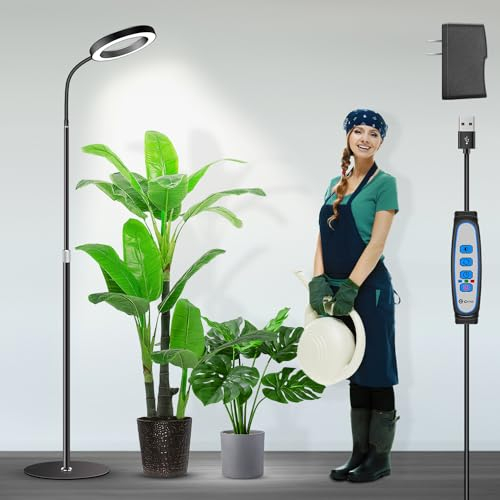 Garpsen Lampada per piante a LED a spettro completo con supporto, 3 colori con timer 6/12/16H, 5 livelli dimmerabili, 58 cm ~ 170 cm, altezza regolabile per grandi piante o semi
