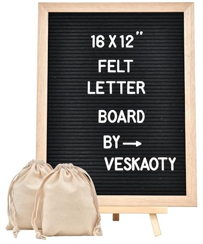 Felt Letter Board with 402 Letters, Numbers & Symbols - 12 x 16 inch Large Changeable Message Board with Wooden Frame Wall Mount Hook, 2 Canvas Bags, Wood Stand (Black)