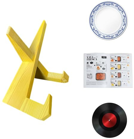 Quixotical Chevalet Jaune Présentoir pour Assiette et Cadre, Support Assiette Décorative en Bois Naturel pour Table, Support Cadre Photo pour Objets de Décoration (Jaune)