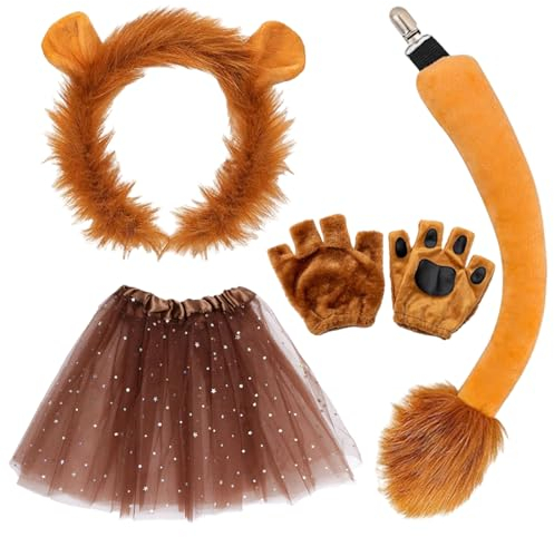 FUIPVGI 4 Stück Löwen-Kostüm-Set, Löwenohren, Stirnband, Handschuhe,Schwanz,Tutu,Löwen-Set, ausgefallenes Löwen-Zubehör für Kinder Halloween Geburtstag Karneval Cosplay Tier (4 Stück)
