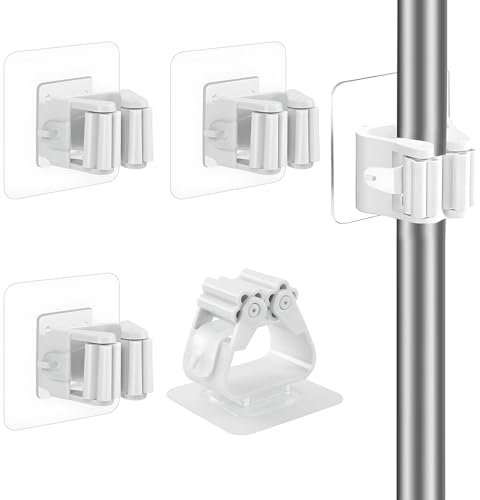 maxtachi 4Pcs Broom Holder Wall Mounted, Self Adhesive Mop Holder, No Drill Wall Mounted Organizer Clip, Sturdy Mop Broom Holder For Office, Closet, Garden Garage, Bathroom, Kitchen