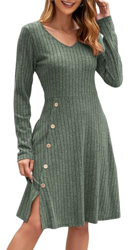 Adigaber Women's Long Sleeve Winter Dress with Pockets Side Buttons Casual V Neck Ribbed Fall Dress Green