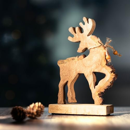Marco Paul 20cm Handmade Wooden Christmas Reindeer Ornament Home Decoration Stag Statue Standing Decoration For Table Figurine Table Decoration Carved Wood