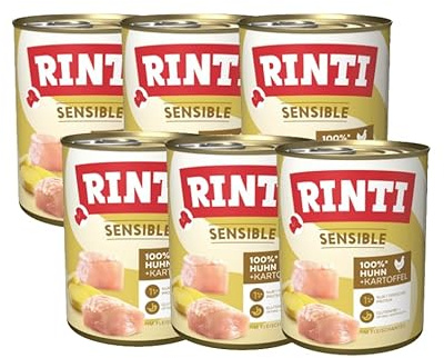 RINTI - Sensible | Nassfutter für Sensible, ausgewachsene Hunde mit natürlichen Fleischstücken. Getreidefreies Alleinfutter in der Dose ohne künstliche Zusätze | 6x800g Huhn + Kartoffel